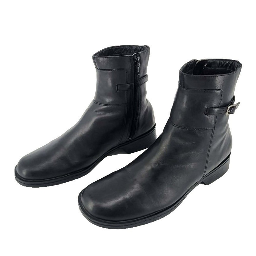 Clarks Ankle Boots Women 8 Black Leather Side Zip Buckle‎ Square Toe EUC